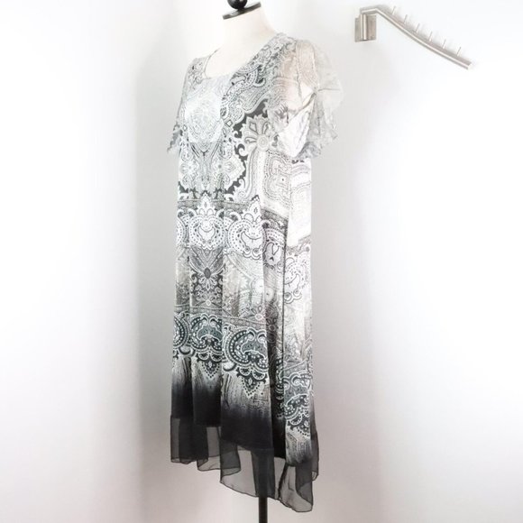 One World Womens M White Gray Ornate Rhinestone A-Line Silky Stretch Shift Dress - Picture 3 of 9